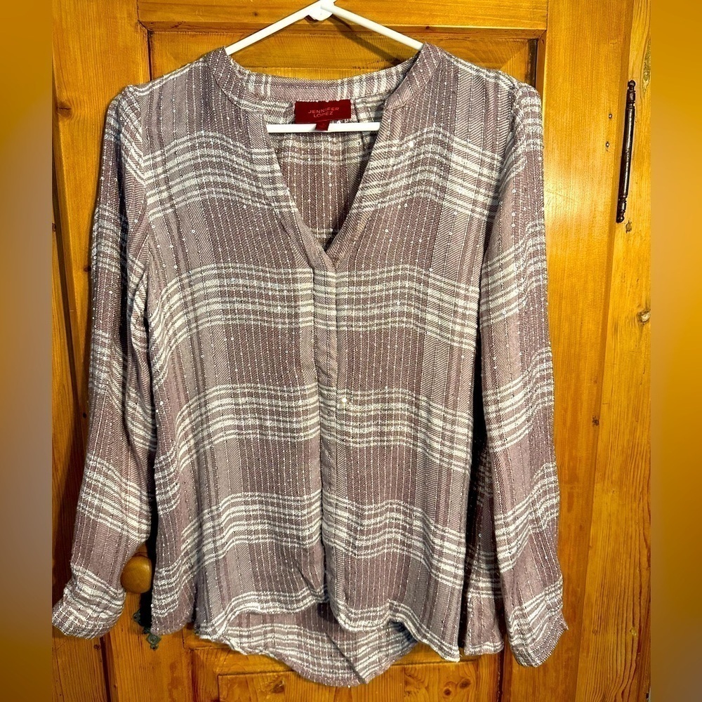 Jennifer Lopez Purple & Silver Metallic Shimmer Top Long Sleeve Size Small - Picture 1 of 10